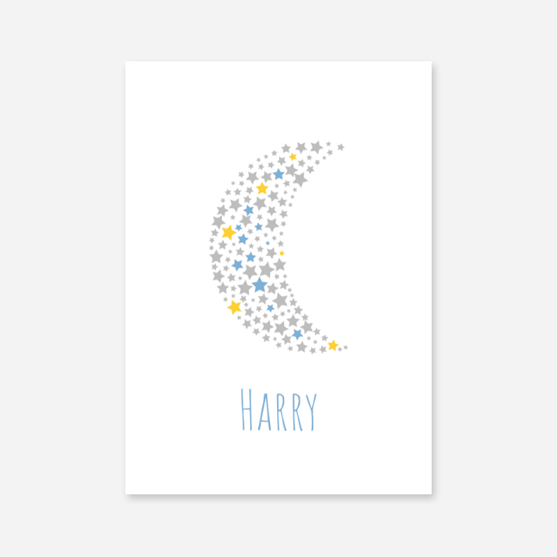Harry name printable nursery baby room kids room artwork with grey yellow and blue stars in moon shape