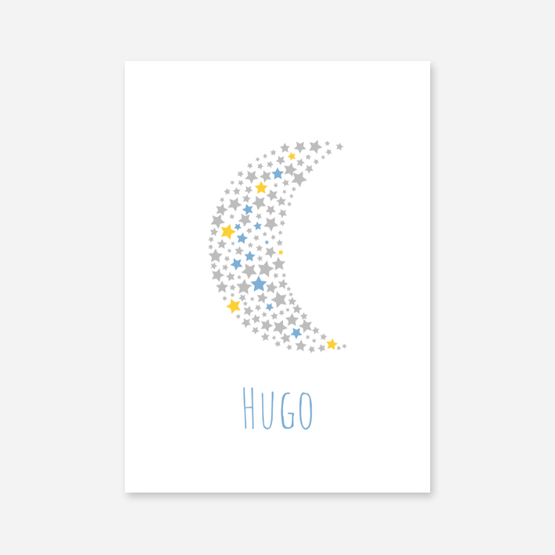 Hugo name printable nursery baby room kids room artwork with grey yellow and blue stars in moon shape