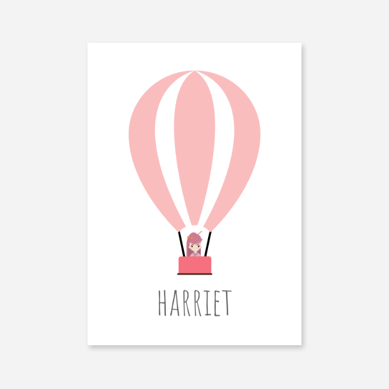 Harriet - Cute kids girls room name art print with a pink hot air balloon and a little girl in the basket