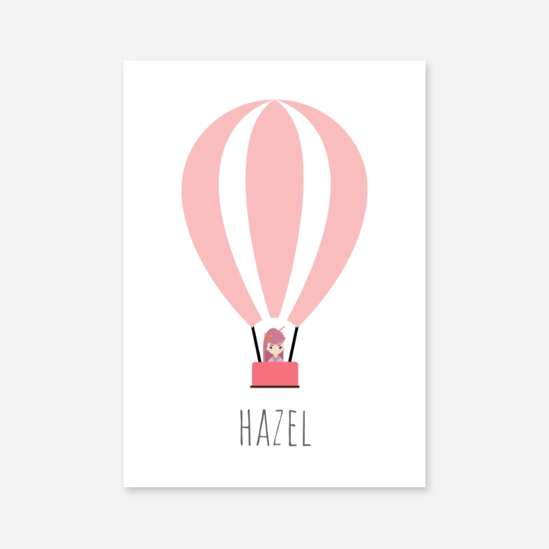 Hazel - Cute kids girls room name art print with a pink hot air balloon and a little girl in the basket