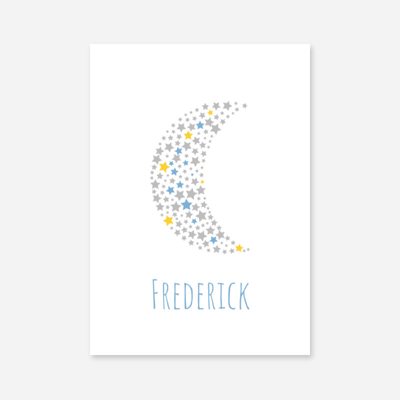 Frederick grey yellow and blue stars in moon shape nursery baby room kids room free names art print