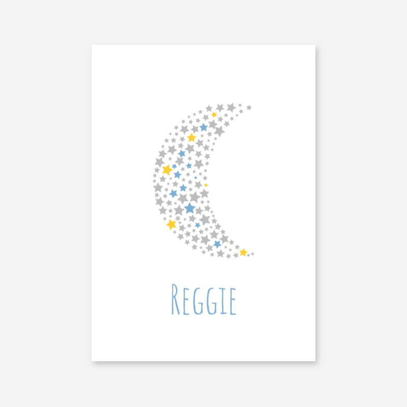 Reggie grey yellow and blue stars in moon shape nursery baby room kids room free names art print