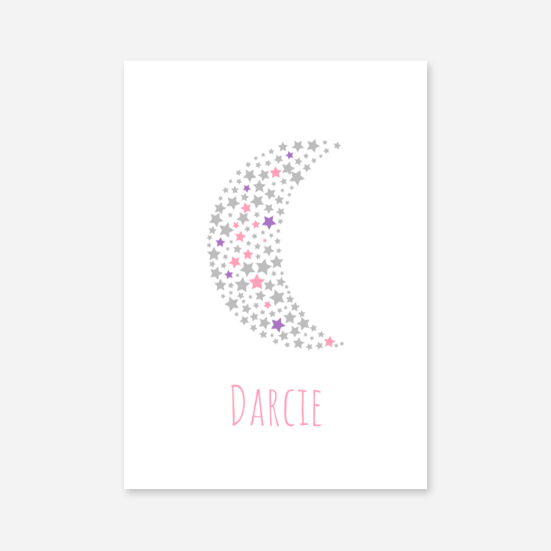 Darcie name printable nursery baby room kids room artwork with grey pink and purple stars in moon shape
