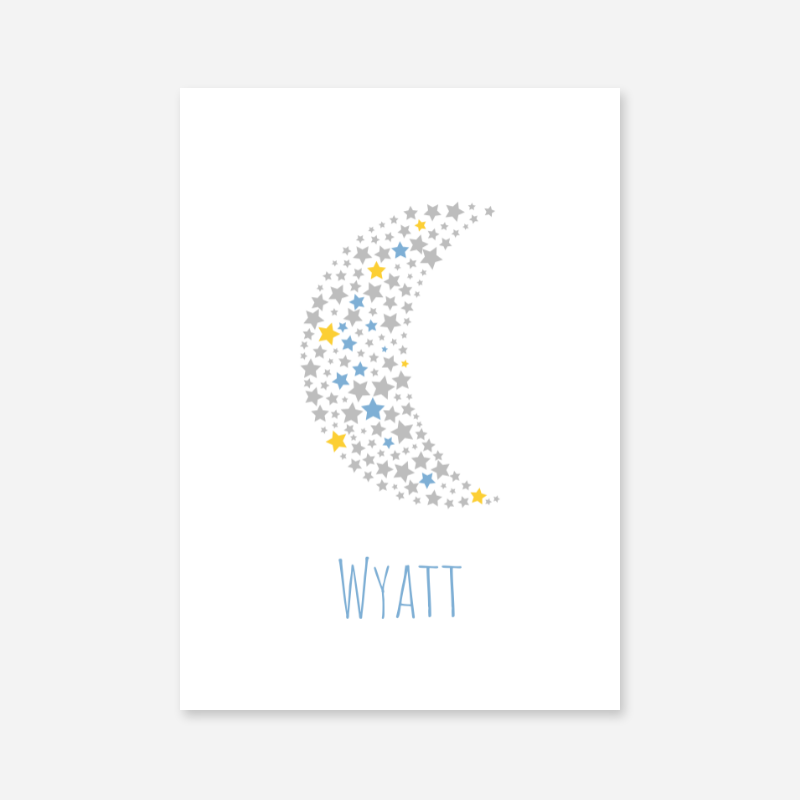 Wyatt name printable nursery baby room kids room artwork with grey yellow and blue stars in moon shape