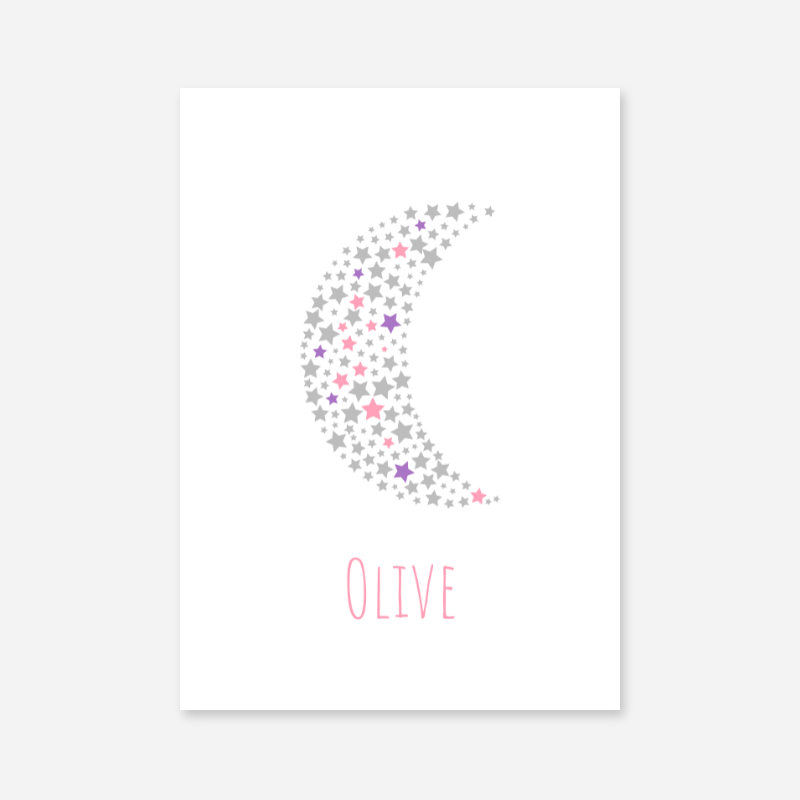 Olive name printable nursery baby room kids room artwork with grey pink and purple stars in moon shape