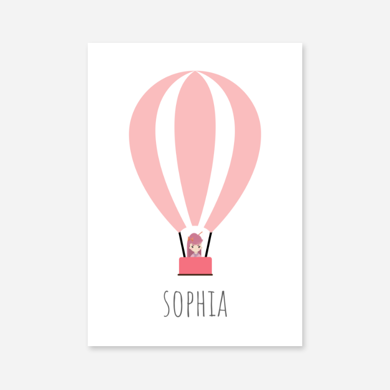 Sophia - Cute kids girls room name art print with a pink hot air balloon and a little girl in the basket