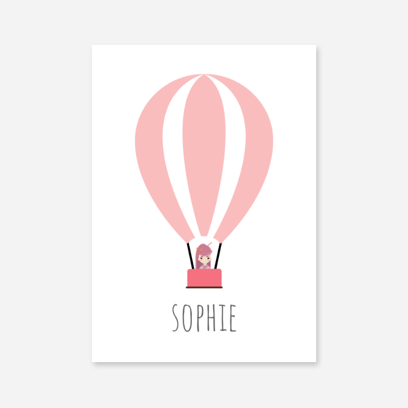 Sophie - Cute kids girls room name art print with a pink hot air balloon and a little girl in the basket