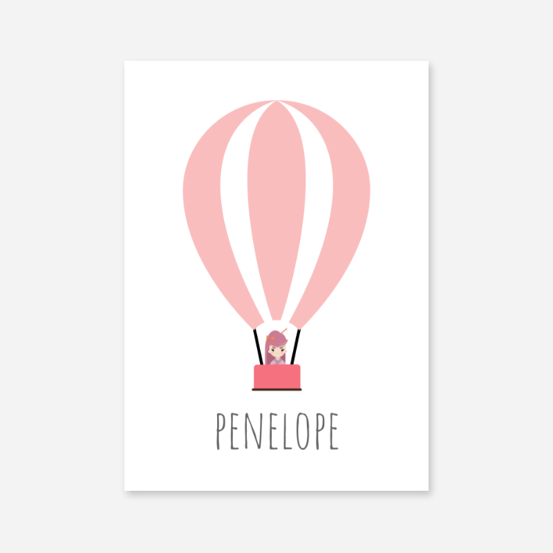 Penelope - Cute kids girls room name art print with a pink hot air balloon and a little girl in the basket