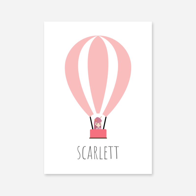 Scarlett - Cute kids girls room name art print with a pink hot air balloon and a little girl in the basket