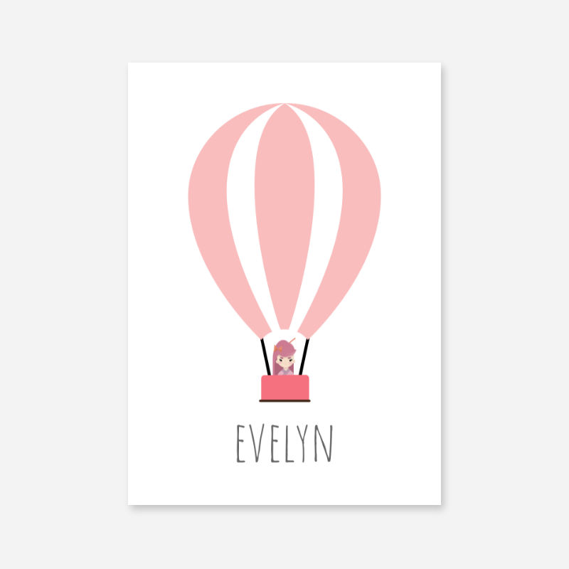 Evelyn - Cute kids girls room name art print with a pink hot air balloon and a little girl in the basket
