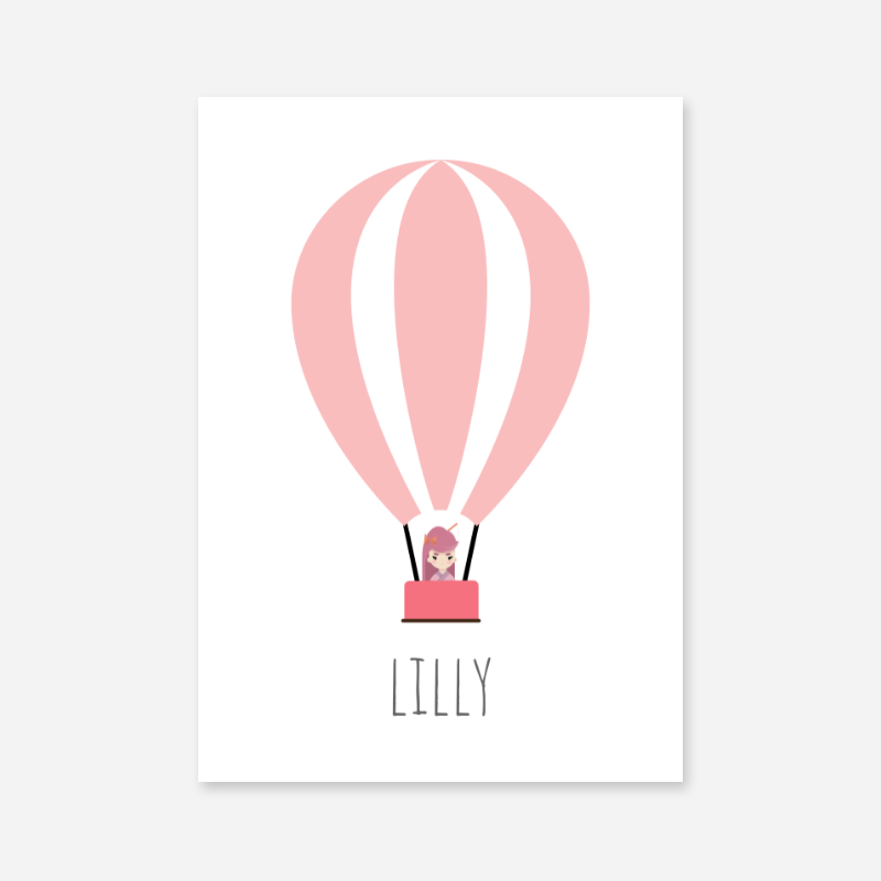 Lilly - Cute kids girls room name art print with a pink hot air balloon and a little girl in the basket