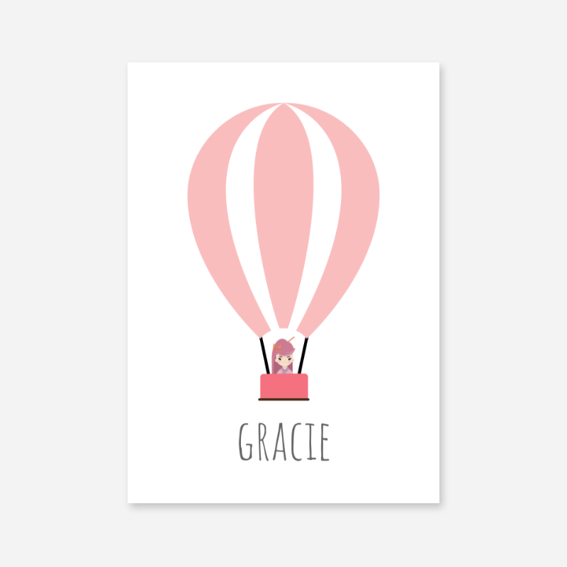 Gracie - Cute kids girls room name art print with a pink hot air balloon and a little girl in the basket