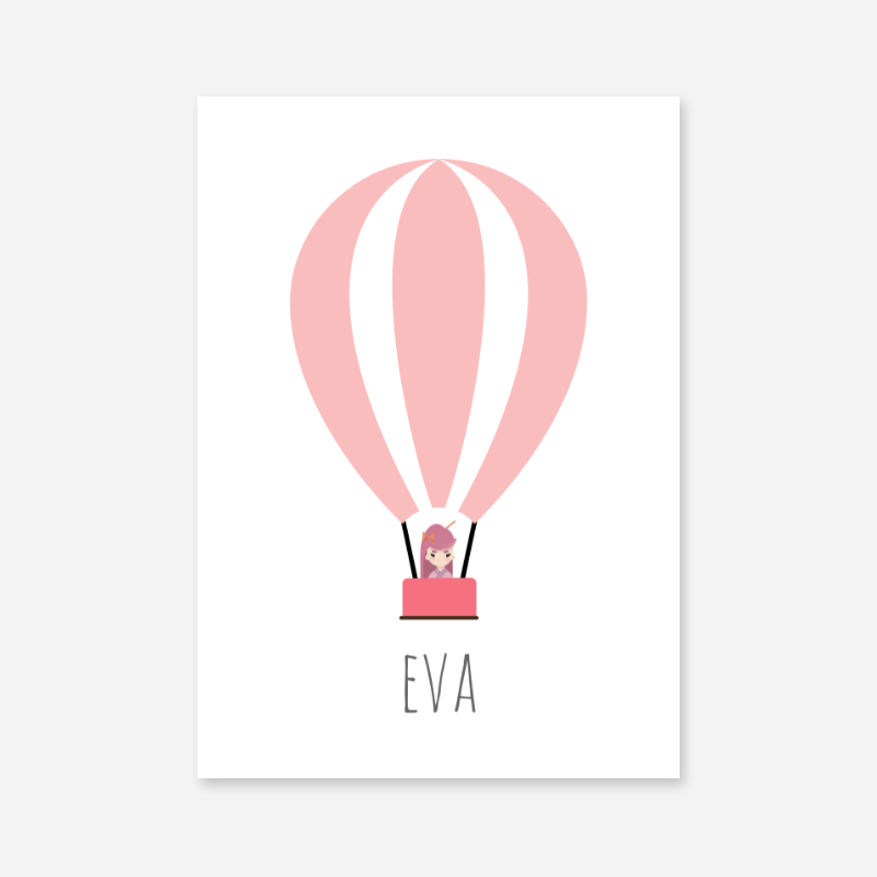 Eva - Cute kids girls room name art print with a pink hot air balloon and a little girl in the basket