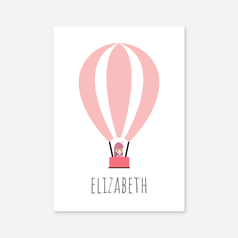 Elizabeth - Cute kids girls room name art print with a pink hot air balloon and a little girl in the basket