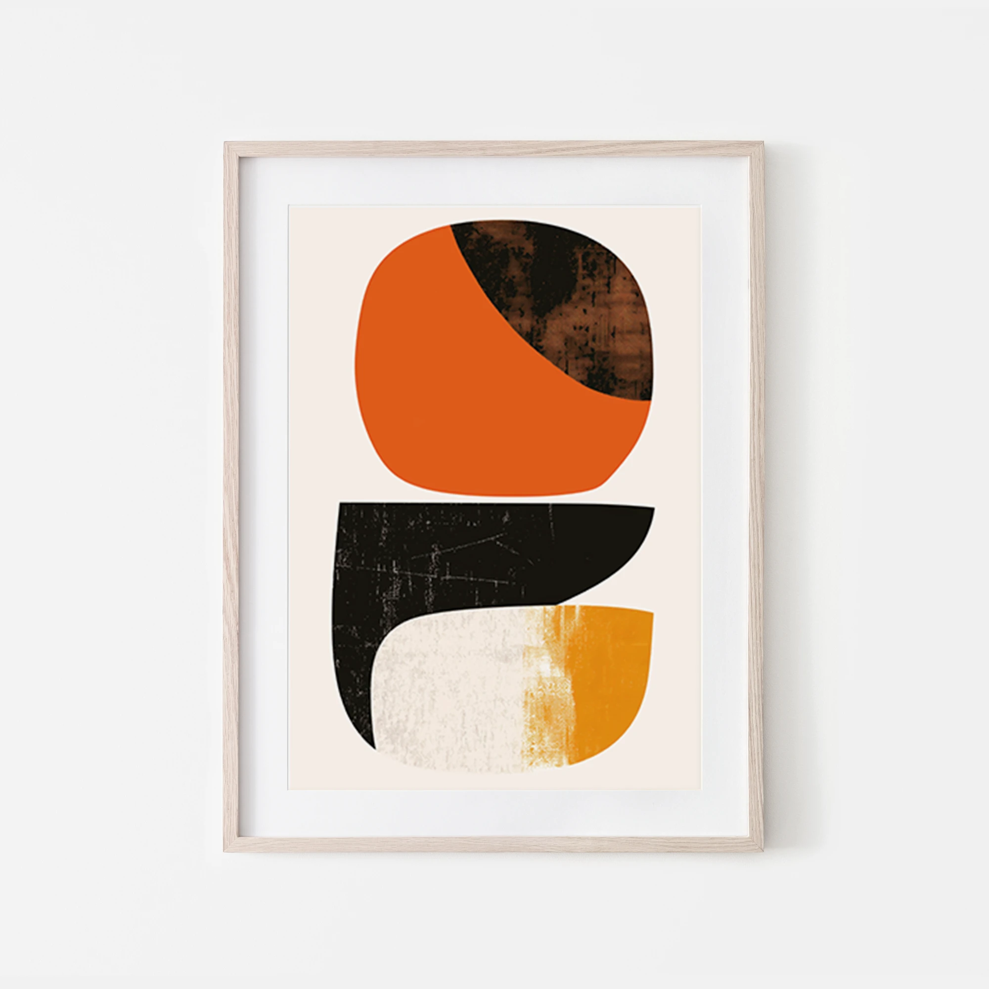 Minimalist art print with abstract bold shapes in shades of orange and contrasting black
