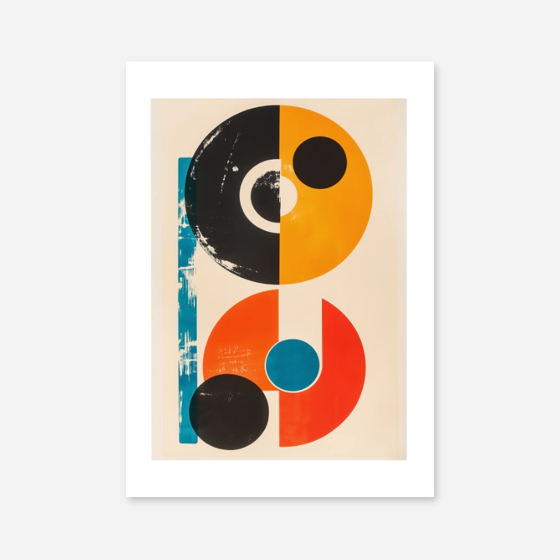 Minimalist geometric circle shapes in grey red blue and orange with scratch effect