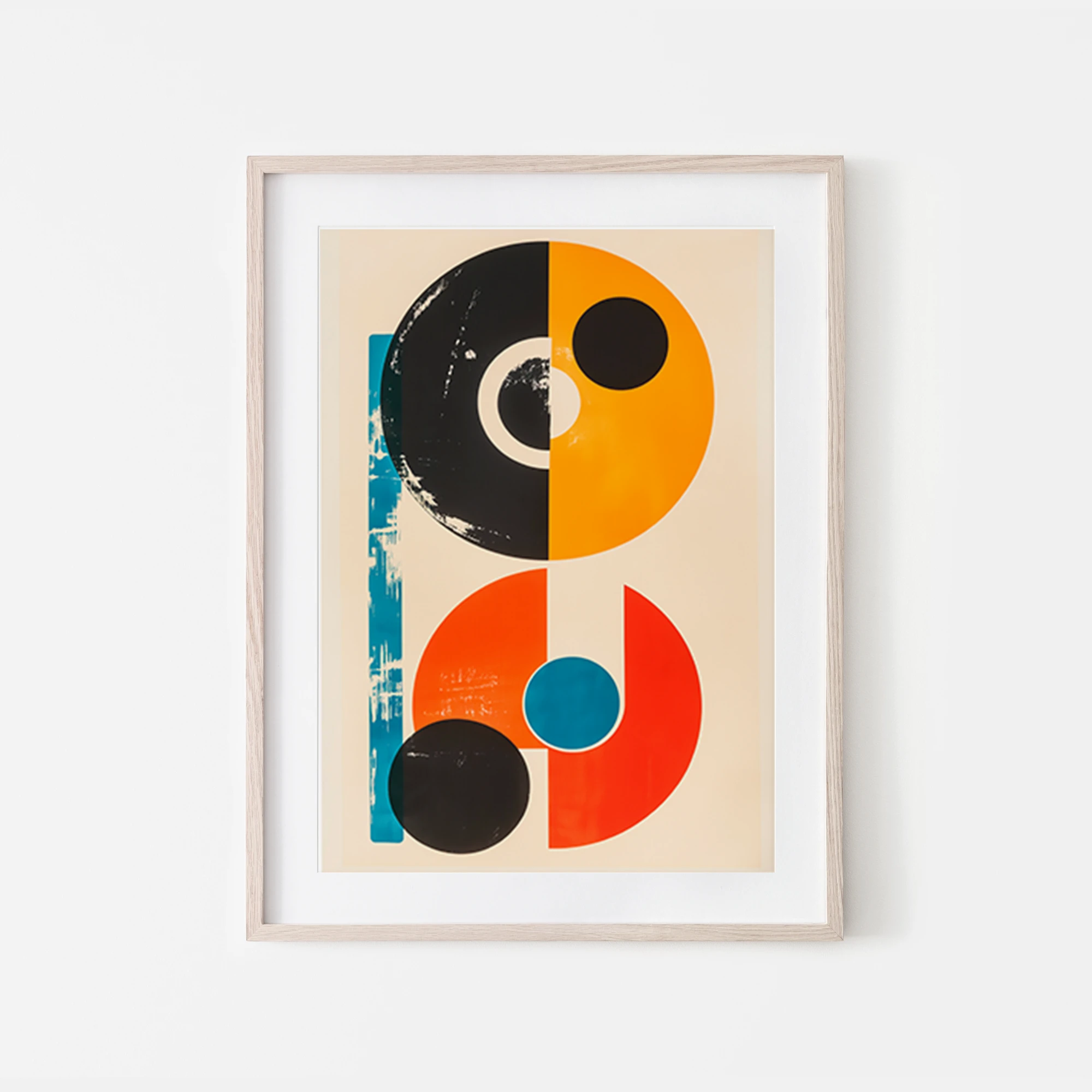 Minimalist geometric circle shapes in a palette of grey, red, blue, and orange create a visually striking design. The circles vary in size and placement, some overlapping and some standing alone, to c...