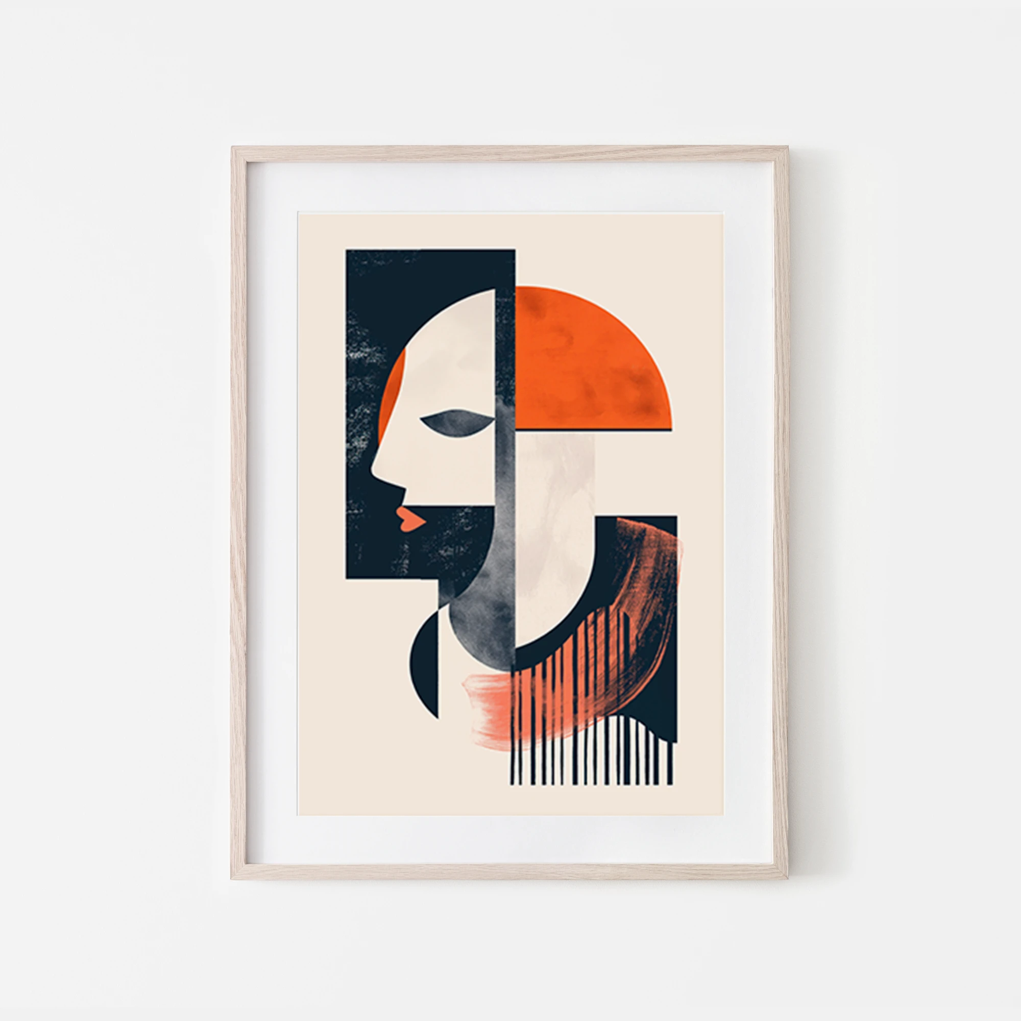 Boho head red lip abstract shapes free art print in red orange and navy
