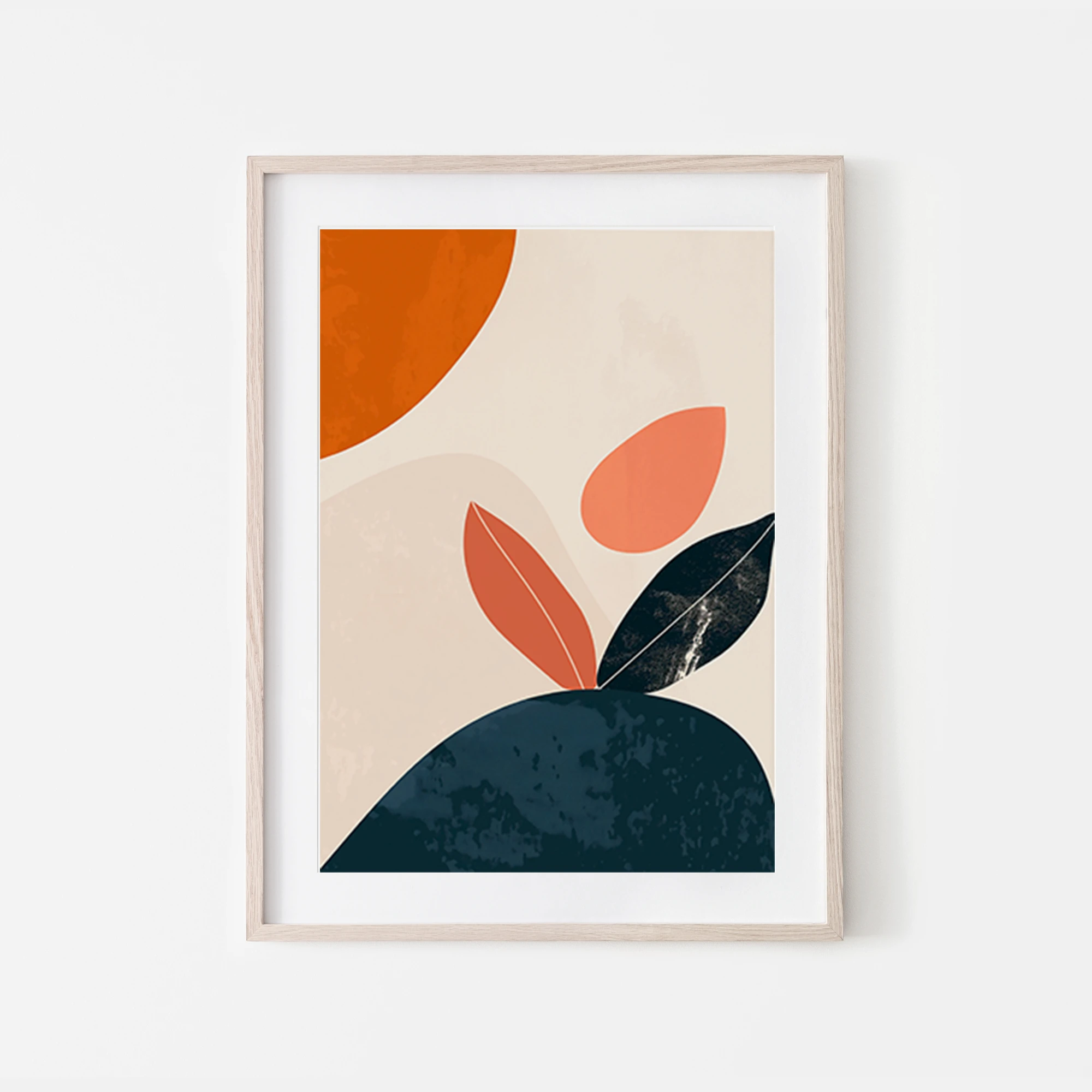 Abstract minimalist art print with leaves in off blue greyish hues and orange salmon colours