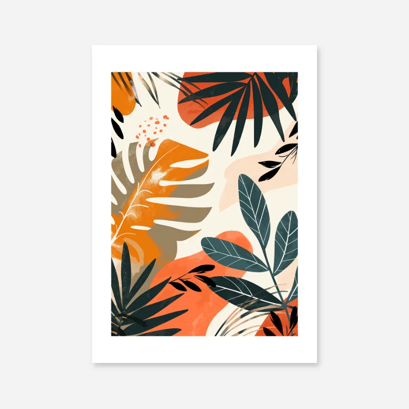 Jungle leaves in green orange red colours abstract free art print to download