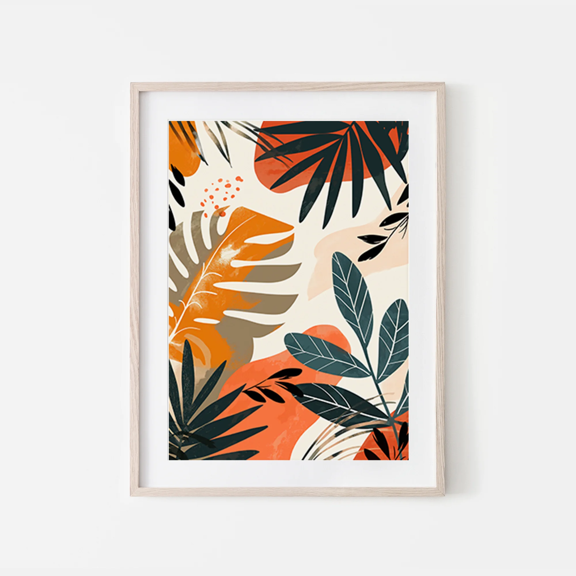 Jungle leaves in green orange red colours abstract free art print to download