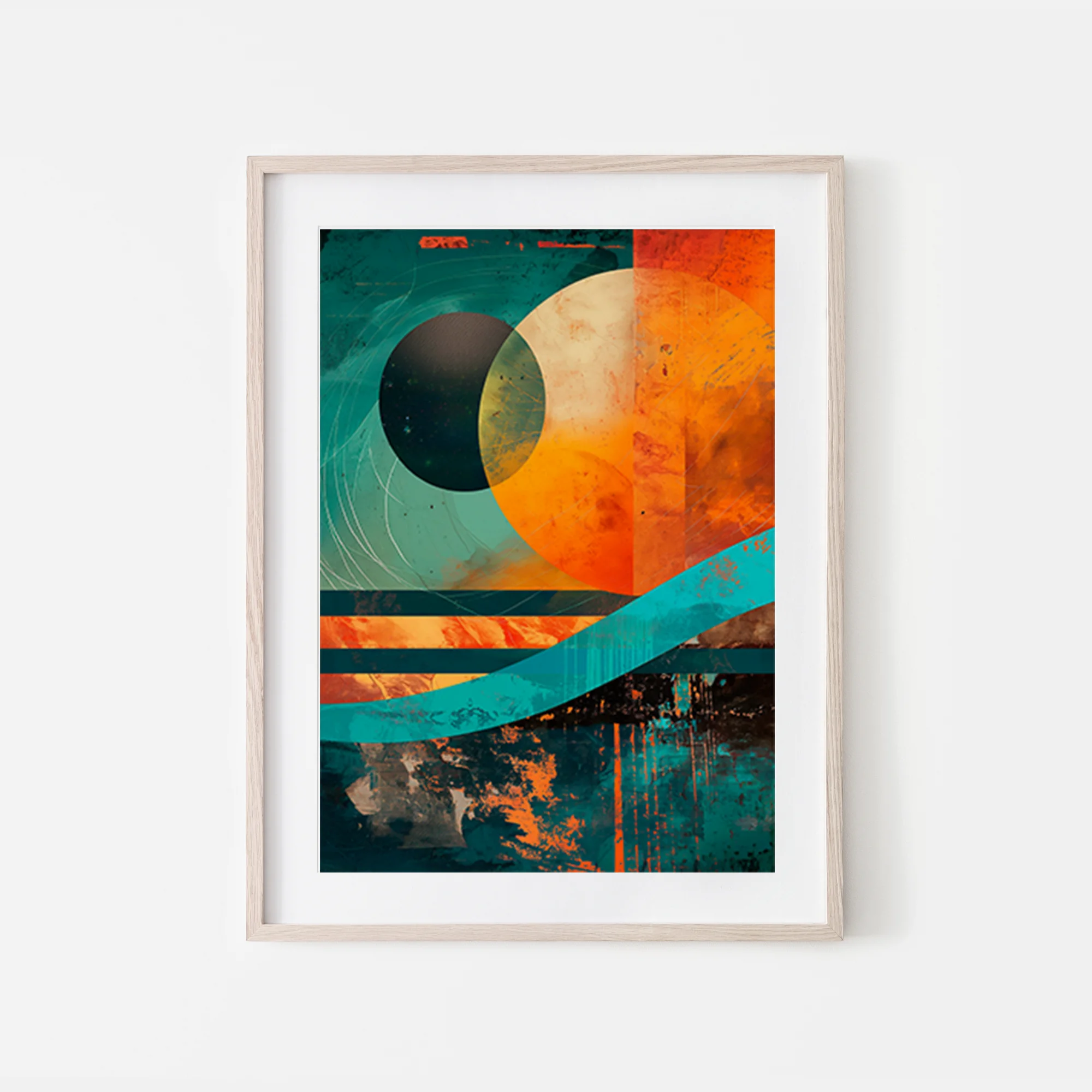 Geometric abstract art print in green teal orange and black colours
